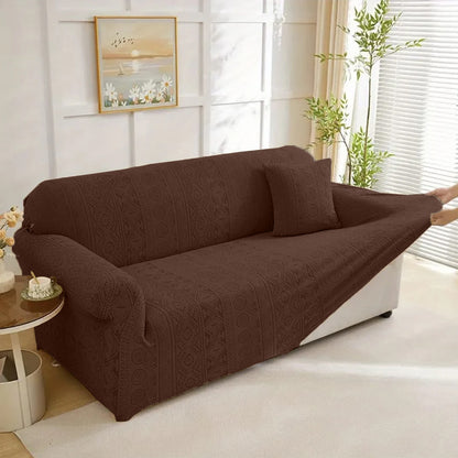 Embossed Geometric Jacquard Sofa Cover - Dark Brown