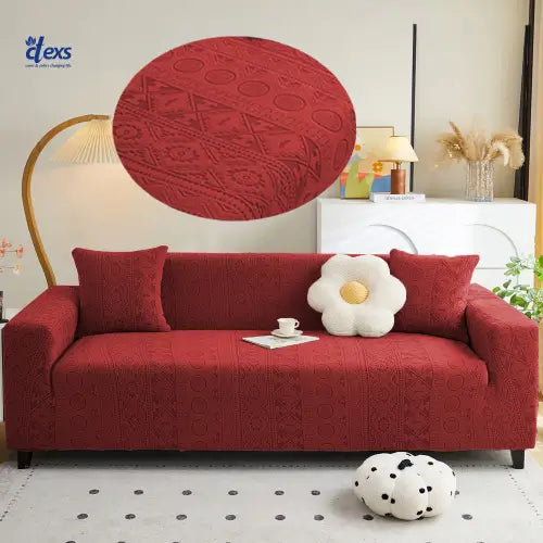 Embossed Geometric Jacquard Sofa Cover - Mehroon
