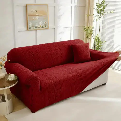 Embossed Geometric Jacquard Sofa Cover - Mehroon