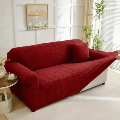 Embossed Geometric Jacquard Sofa Cover - Mehroon