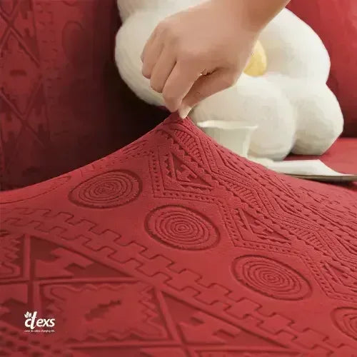 L-Shape Embossed Geometric Jacquard Sofa Cover - Mehroon - Ctexs