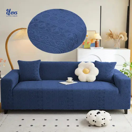 Embossed Geometric Jacquard Sofa Cover - Navy Blue