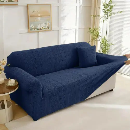 Embossed Geometric Jacquard Sofa Cover - Navy Blue