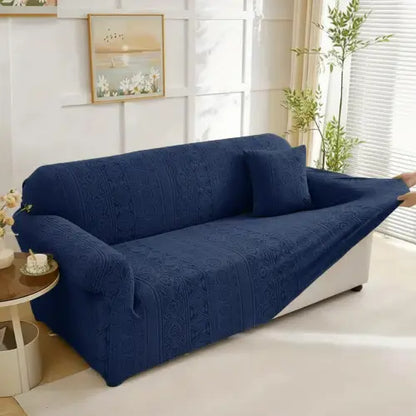 Embossed Geometric Jacquard Sofa Cover - Navy Blue