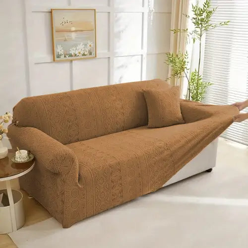 Embossed Geometric Jacquard Sofa Cover - Camel Brown