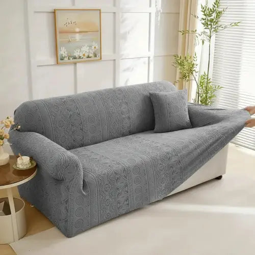 Embossed Geometric Jacquard Sofa Cover - Grey