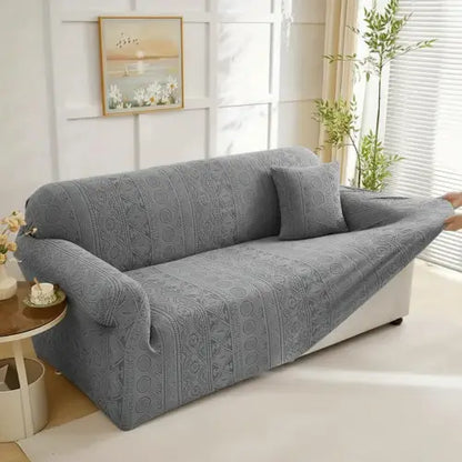 Embossed Geometric Jacquard Sofa Cover - Grey