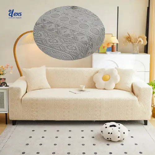 Embossed Geometric Jacquard Sofa Cover - Beigh