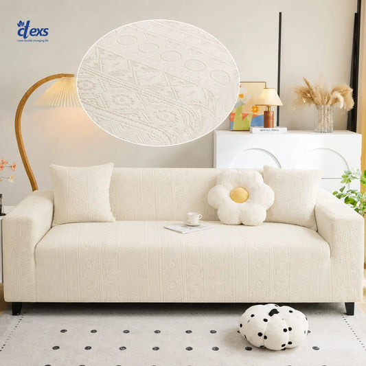 Embossed Geometric Jacquard Sofa Cover - Off White