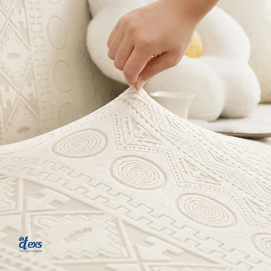 L-Shape Embossed Geometric Jacquard Sofa Cover - Off White
