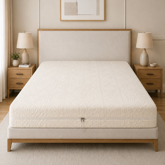 Embossed Geometric Jacquard Zipper Mattress Cover - Off White