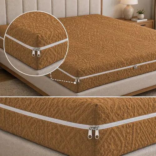 Embossed Geometric Jacquard Zipper Mattress Cover - Camel Brown