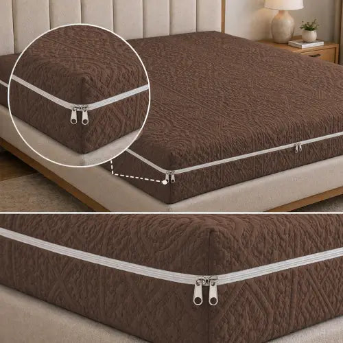 Embossed Geometric Jacquard Zipper Mattress Cover - Dark Brown