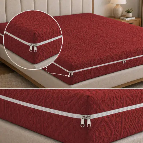 Embossed Geometric Jacquard Zipper Mattress Cover - Mehroon