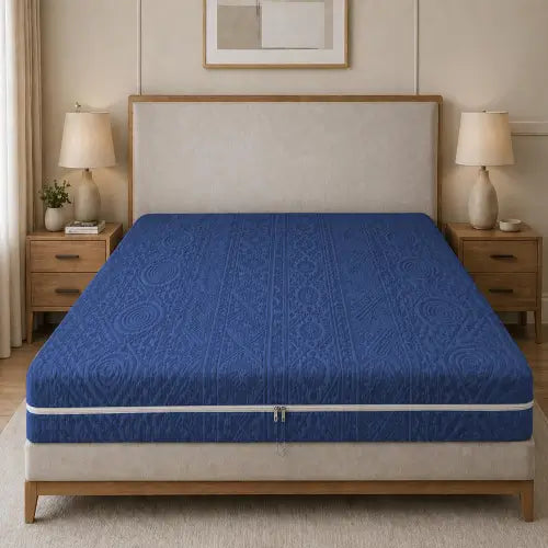 Embossed Geometric Jacquard Zipper Mattress Cover - Navy Blue