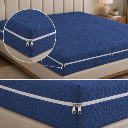Embossed Geometric Jacquard Zipper Mattress Cover - Navy Blue