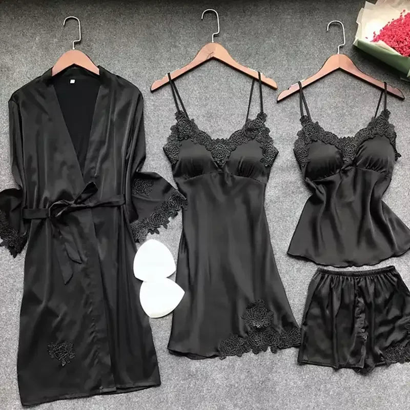 Women Silk Nighty 4 pcs set - Black - Ctexs