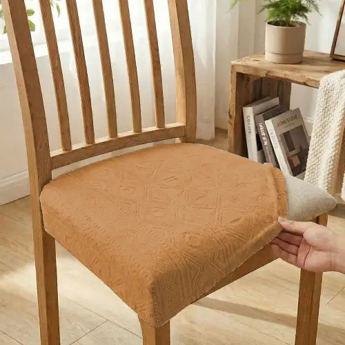 Embossed Geometric Jacquard Dining Chair Seat Cover - Camel Brown