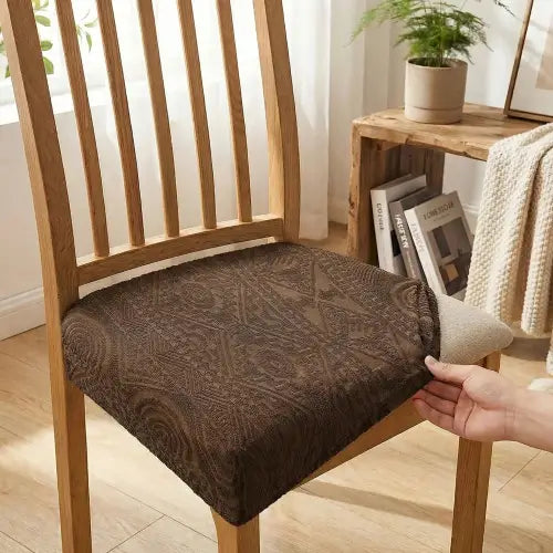 Embossed Geometric Jacquard Dining Chair Seat Cover - Dark Brown