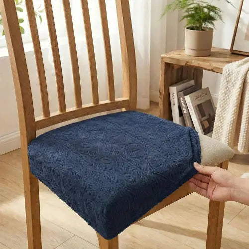 Embossed Geometric Jacquard Dining Chair Seat Cover - Navy Blue