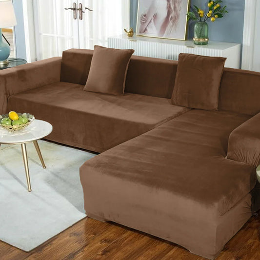 L-Shape High Stretch Velvet Sofa Covers - Camel Brown