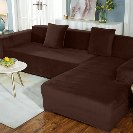 L-Shape High Stretch Velvet Sofa Covers - Dark Brown