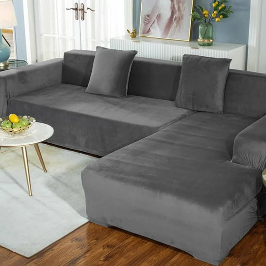 L-Shape High Stretch Velvet Sofa Covers - Grey