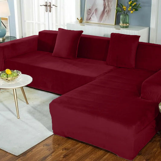 L-Shape High Stretch Velvet Sofa Covers - Mehroon