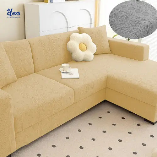 L-Shape Embossed Geometric Jacquard Sofa Cover - Beigh