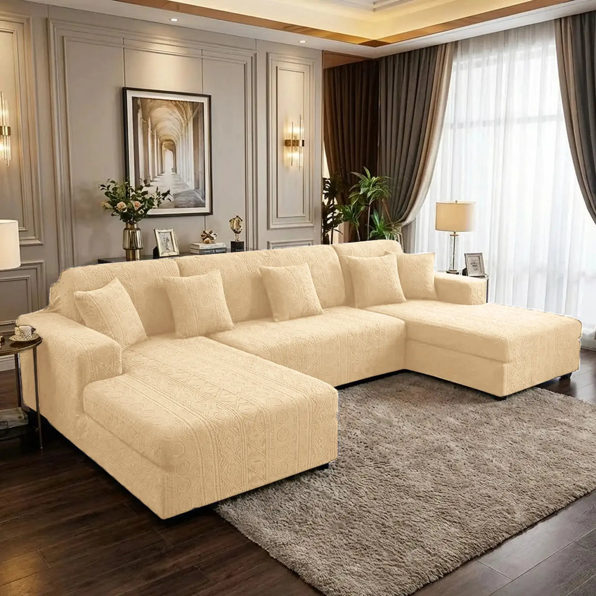 L-Shape Embossed Geometric Jacquard Sofa Cover - Beigh