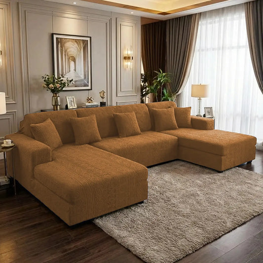 L-Shape Embossed Geometric Jacquard Sofa Cover - Camel Brown