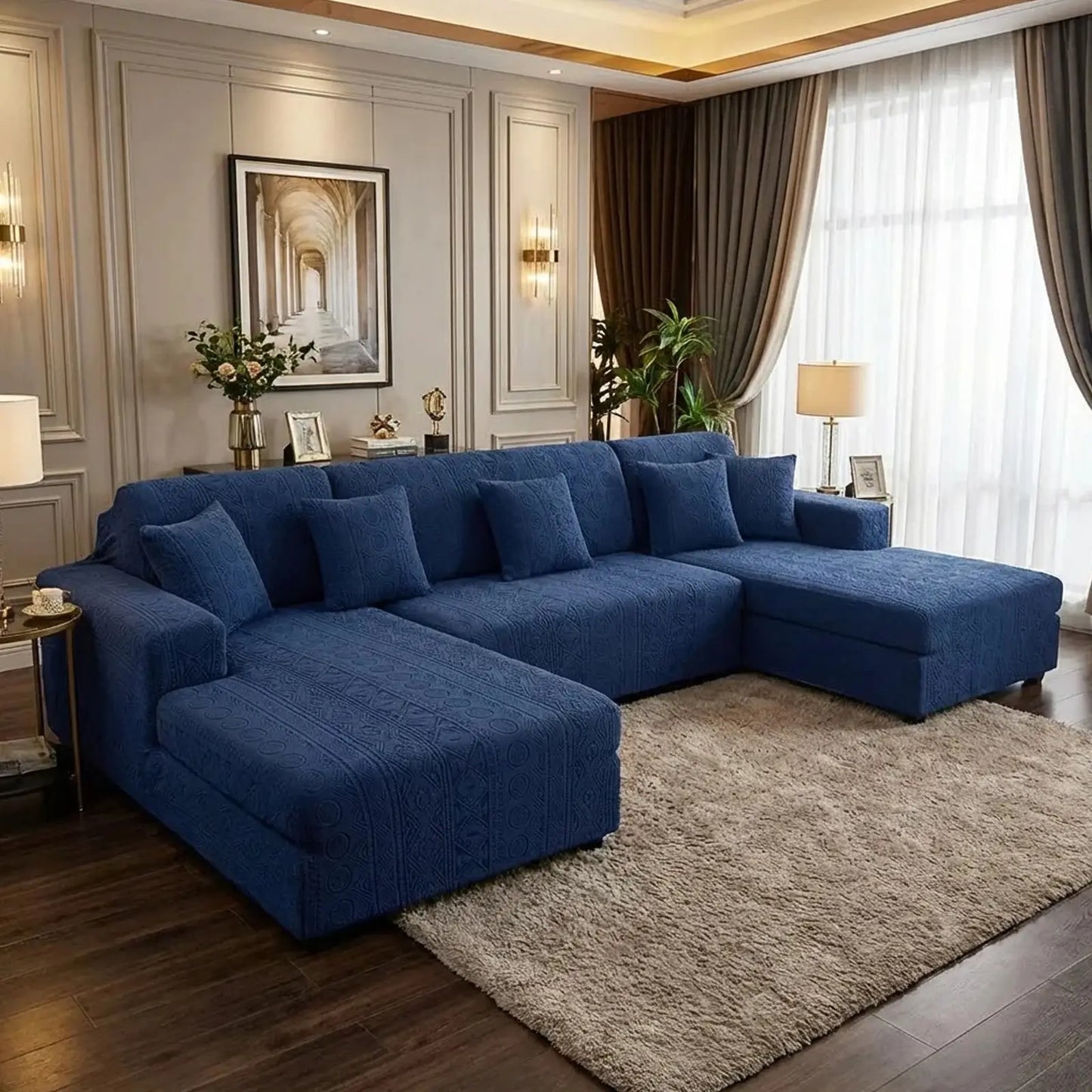 L-Shape Embossed Geometric Jacquard Sofa Cover - Navy Blue