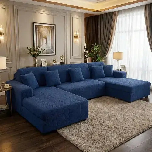 L-Shape Embossed Geometric Jacquard Sofa Cover - Navy Blue