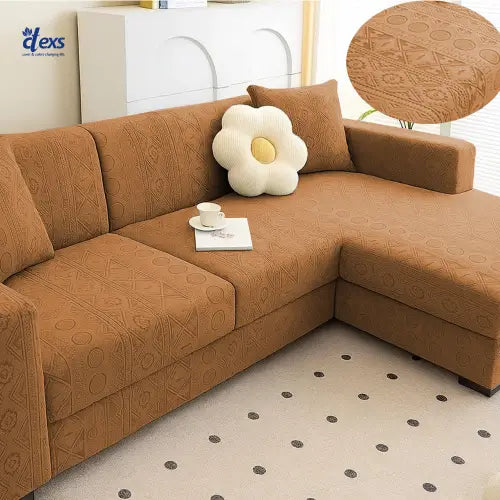 L-Shape Embossed Geometric Jacquard Sofa Cover - Camel Brown