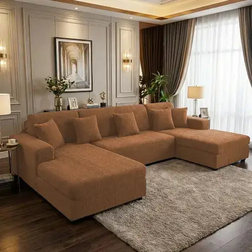 L-Shape Embossed Geometric Jacquard Sofa Cover - Camel Brown