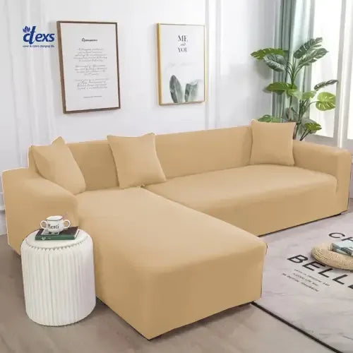 Lycra Jersey Fabric L-Shape Sofa Cover - Beigh - Ctexs