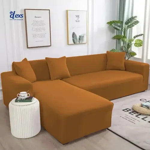 Lycra Jersey Fabric L-Shape Sofa Cover - Camel Brown - Ctexs