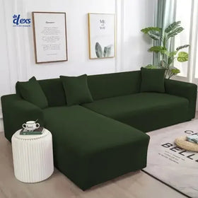 Lycra Jersey Fabric L-Shape Sofa Cover - Bottle Green - Ctexs