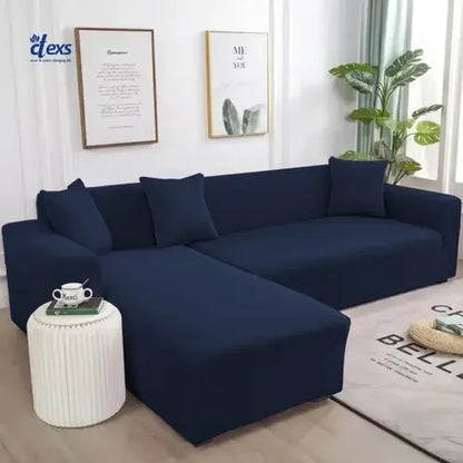Lycra Jersey Fabric L-Shape Sofa Cover - Navy Blue - Ctexs