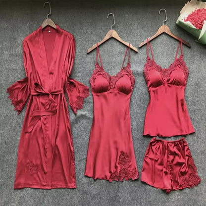 Women Silk Nighty 4 pcs set - Mehroon - Ctexs