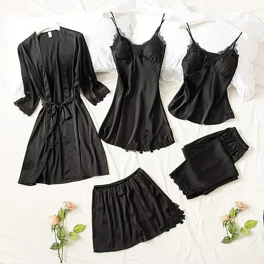 Women Silk Nighty 5 pcs set - Black - Ctexs