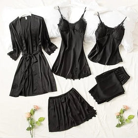 Women Silk Nighty 5 pcs set - Black - Ctexs