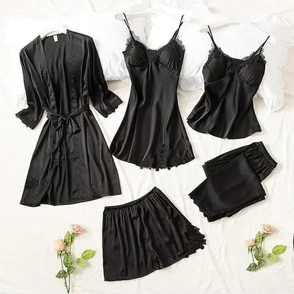 Women Silk Nighty 5 pcs set - Black - Ctexs
