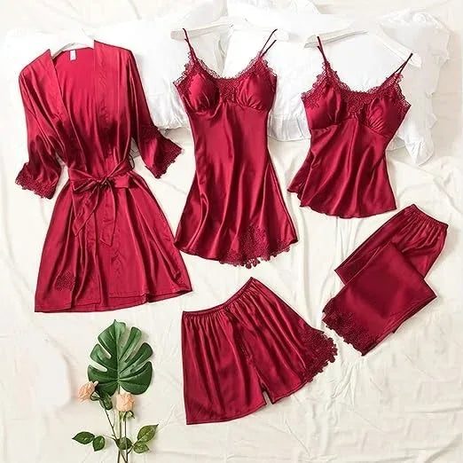 Women Silk Nighty 5 pcs set - Maroon - Ctexs