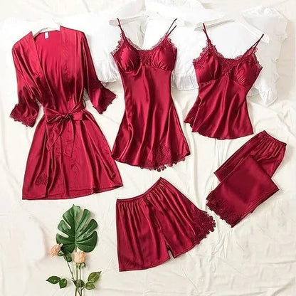 Women Silk Nighty 5 pcs set - Maroon - Ctexs