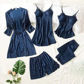 Women Silk Nighty 5 pcs set - Navy Blue - Ctexs