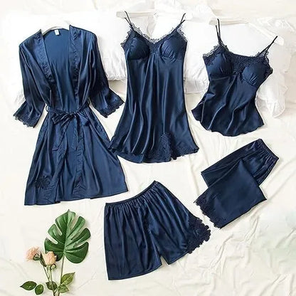 Women Silk Nighty 5 pcs set - Navy Blue - Ctexs