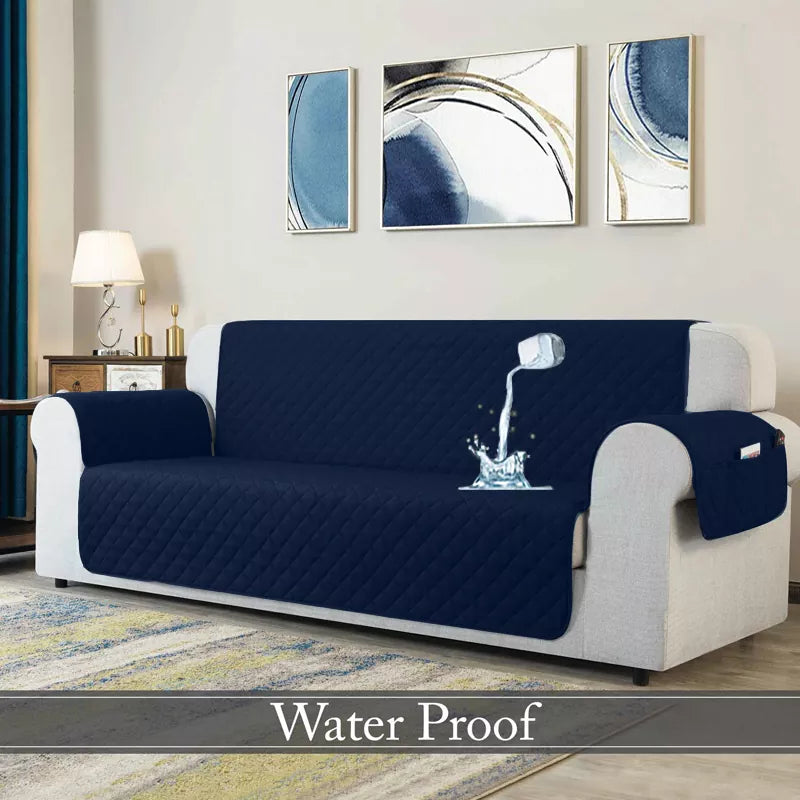 Waterproof Quilted Sofa Cover With Pocket | Navy Blue