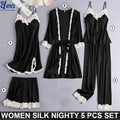 Women Silk Nighty 5 pcs set - Black