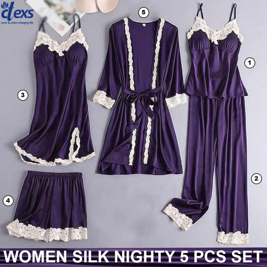 Women Silk Nighty 5 pcs set - Purple